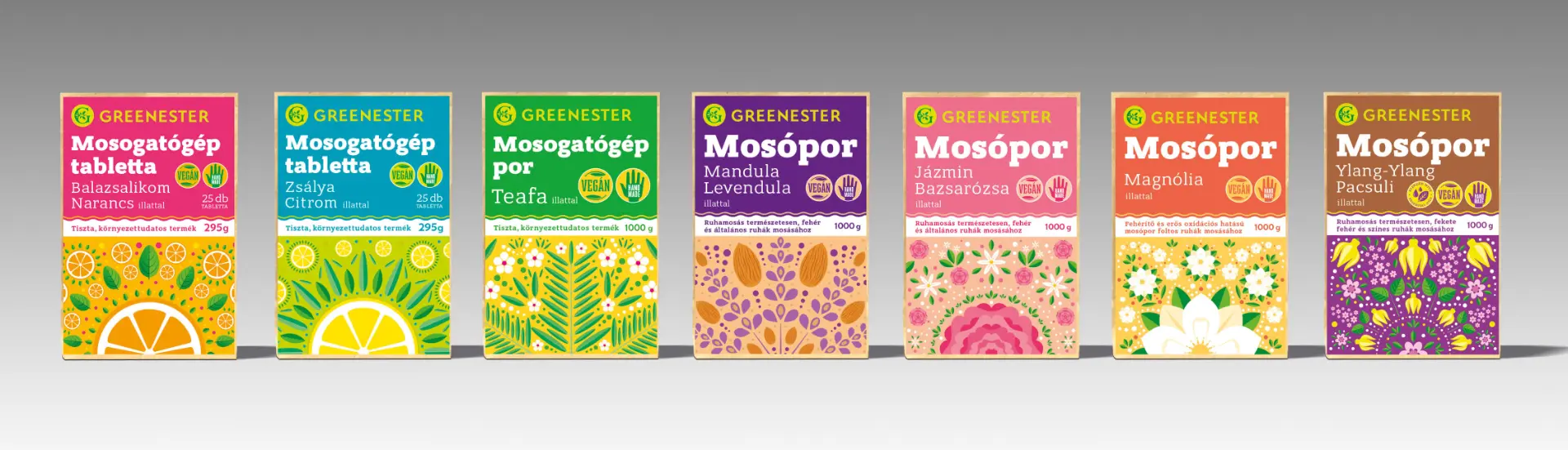 A teljes Greenester termékcsalád: mosogatógép tabletták, mosogatógép por és mosóporok színes csomagolásban