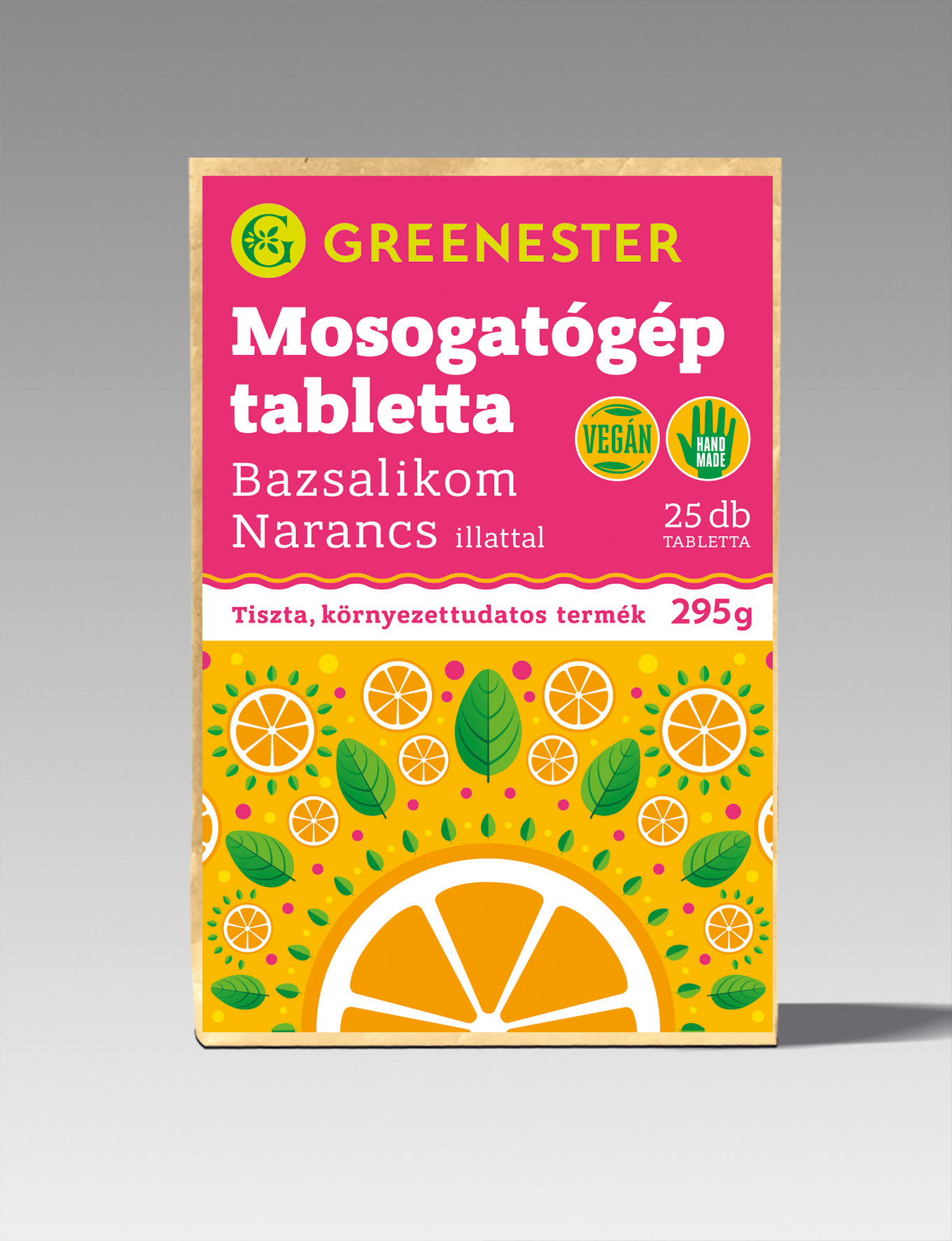 Bazsalikom-Narancs vegán mosogatógép tabletta csomagolása